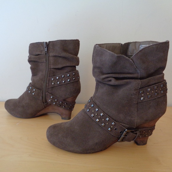 Naughty Monkey Wedge Booties Buckle Studded Suede Boots Brown Size 8 - Picture 5 of 6